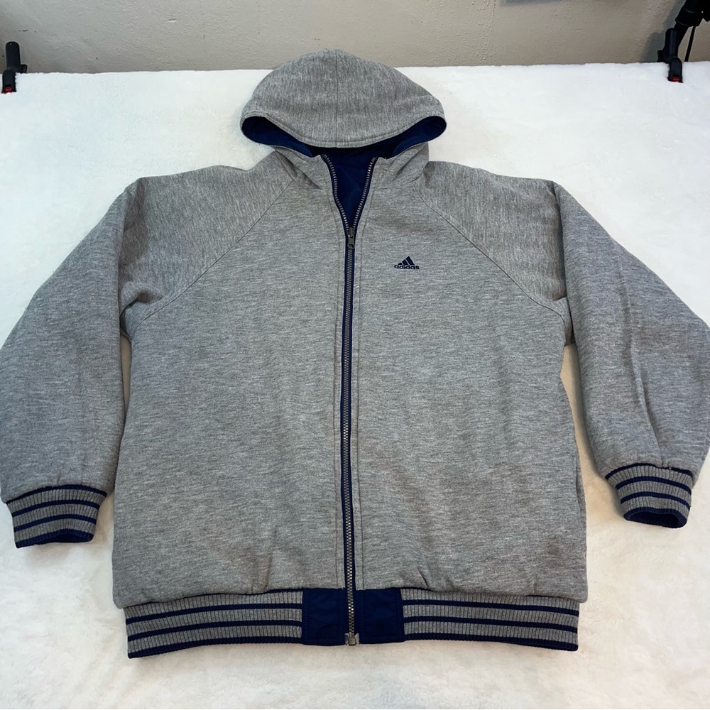 Vintage Adidas Reversible Hooded Bomber Jacket Boys XL Blue White Full Zip - Picture 3 of 16